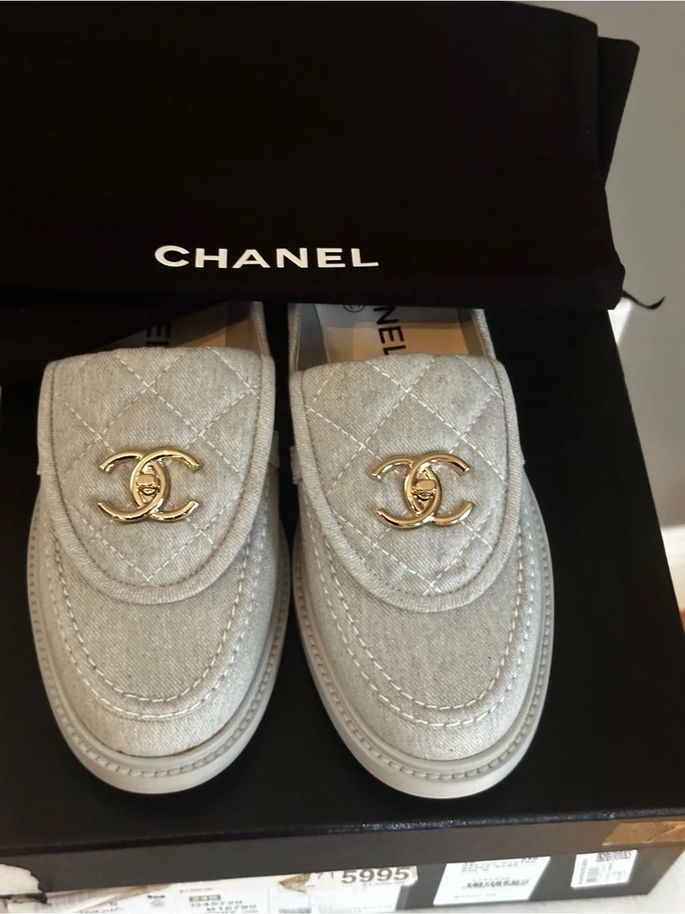 CHANEL light Denim Quilted Loafers with Gold CC Hardware